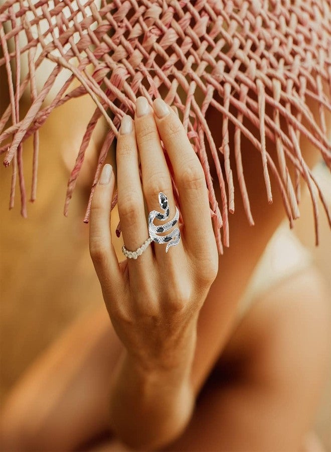 HAIXIAN Snake Ring, Gothic Punk Style, Silver plated Open Wrap Design, Women's Cocktail Party Jewelry Fashion (Ring_A_blacks, Adjustable) - Image 2